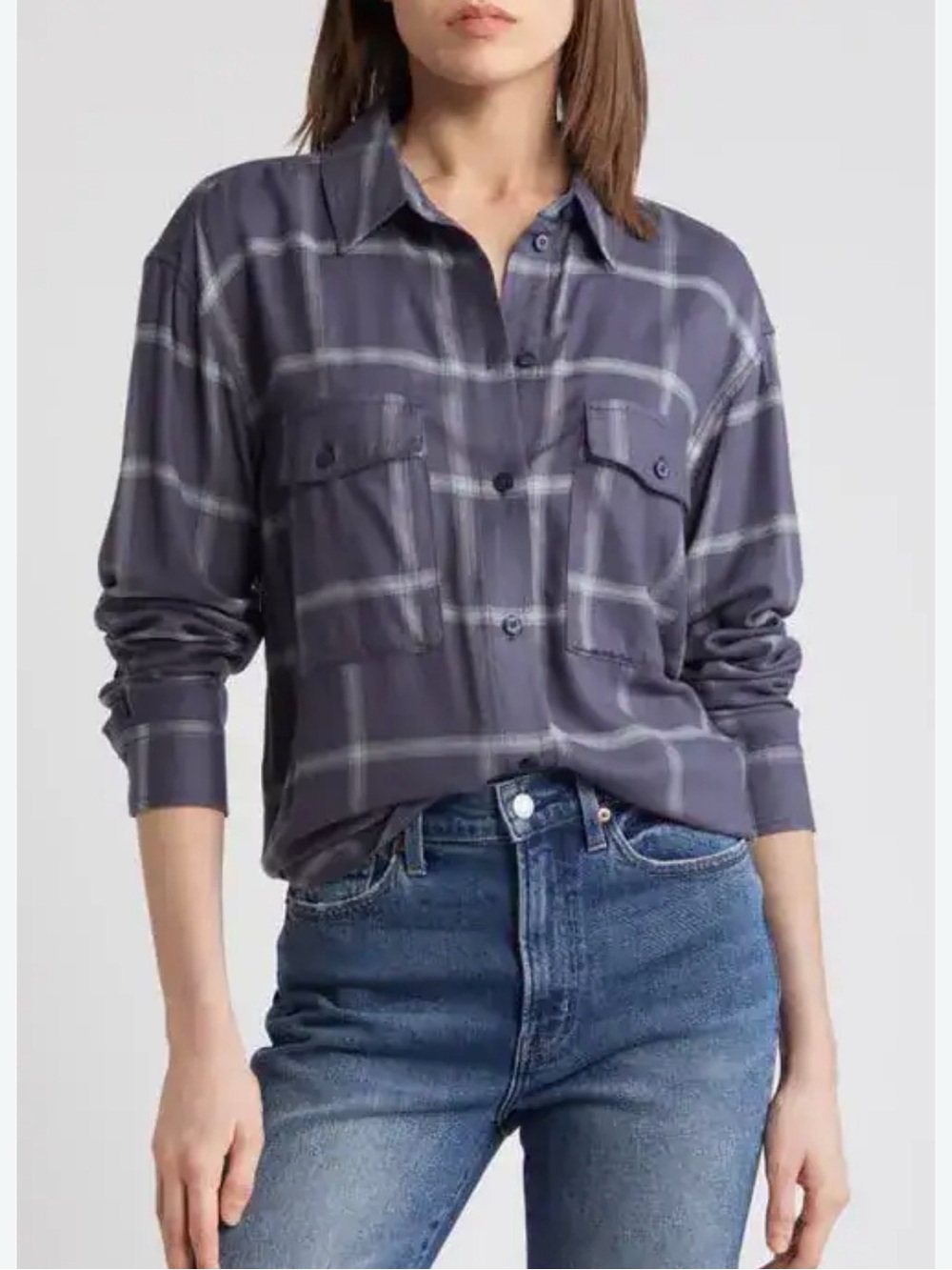 Treasure & Bond Grey Plaid Boxy Flannel Boyfriend Shirt Size Large